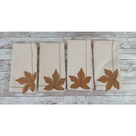 Williams Sonoma Leaf Applique Dinner Napkins Cotton Cream Autumn Fall - Picture 5 of 10